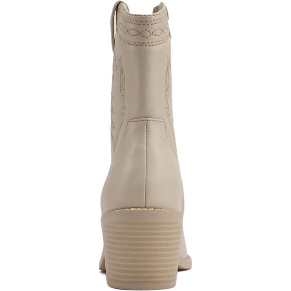 Women's Cream Western Cowgirl Stitched Mid Calf Ankle Boots Side Zipper - Picture 2 of 4